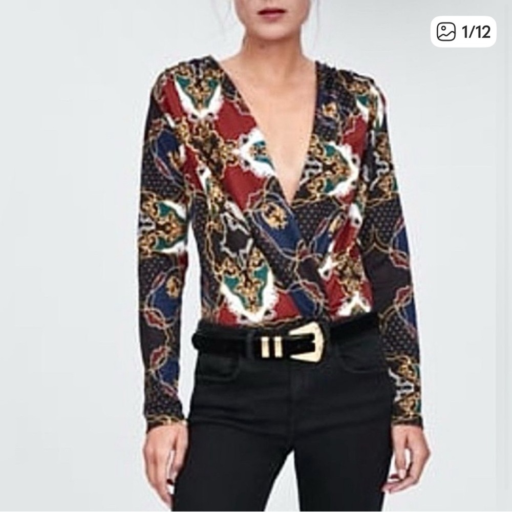 Zara Multicolor V-Neck Blouse bodysuit women size medium
